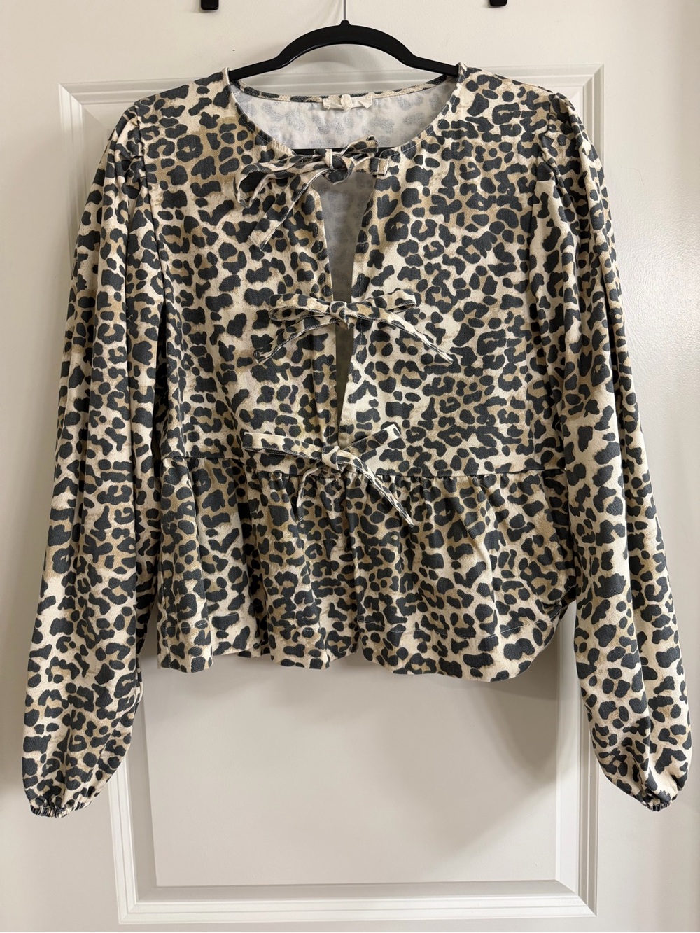 Leopard Print Tie-Front Peplum Blouse - Cream and Black
